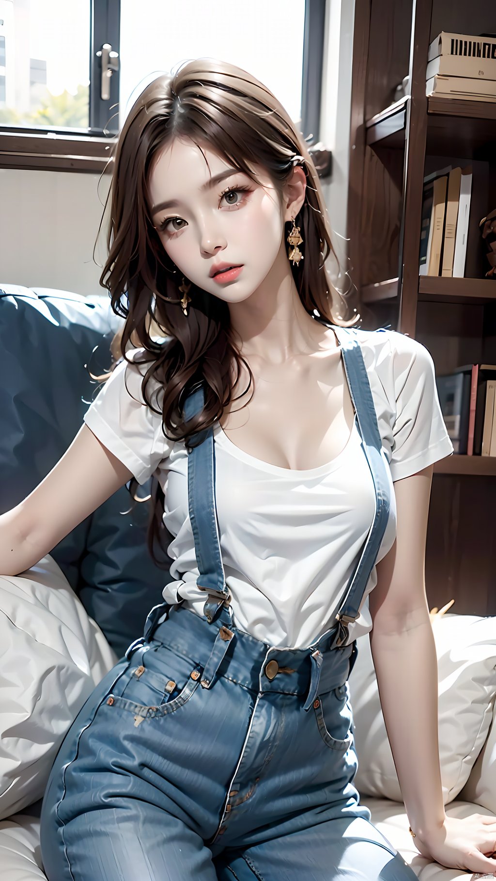 1girl,breasts,brown eyes,brown hair,cleavage,collarbone,earrings,Striped suspender T-shirt,Girl's posture,Sitting on the sofa,Sitting posture,Denim suspender pants,jewelry,long hair,looking at viewer,medium breasts,nail polish,sitting,solo