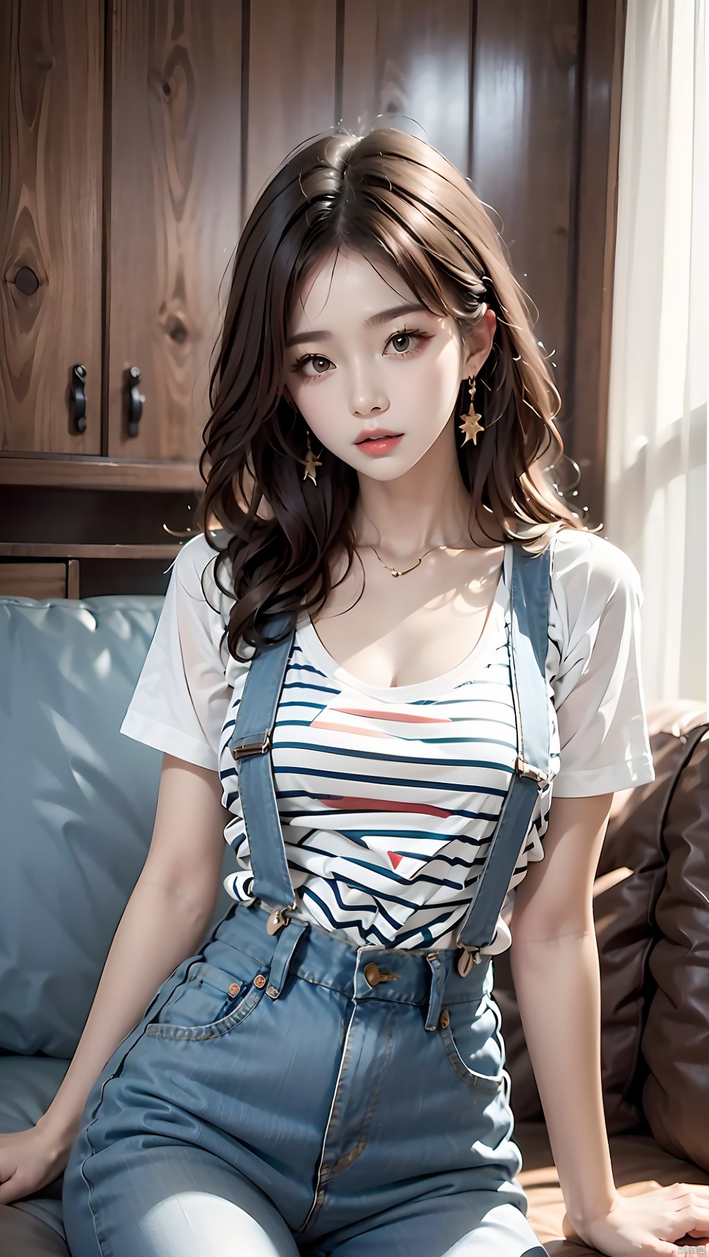 1girl,breasts,brown eyes,brown hair,cleavage,collarbone,earrings,Striped suspender T-shirt,Girl's posture,Sitting on the sofa,Sitting posture,Denim suspender pants,jewelry,long hair,looking at viewer,medium breasts,nail polish,sitting,solo