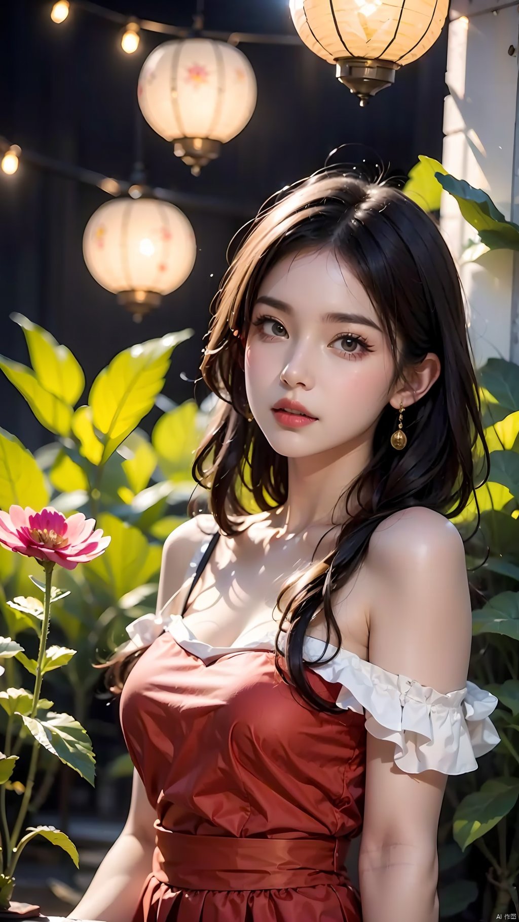 1girl,bare shoulders,black hair,breasts,brown eyes,dandelion,flower,lamp,lantern,lips,long hair,looking at viewer,Upper body,Sitting posture,off shoulder,paper lantern,parted lips,plant,potted plant,red lips,red skirt,sitting,skirt,solo,sunflower,vase,yellow flower