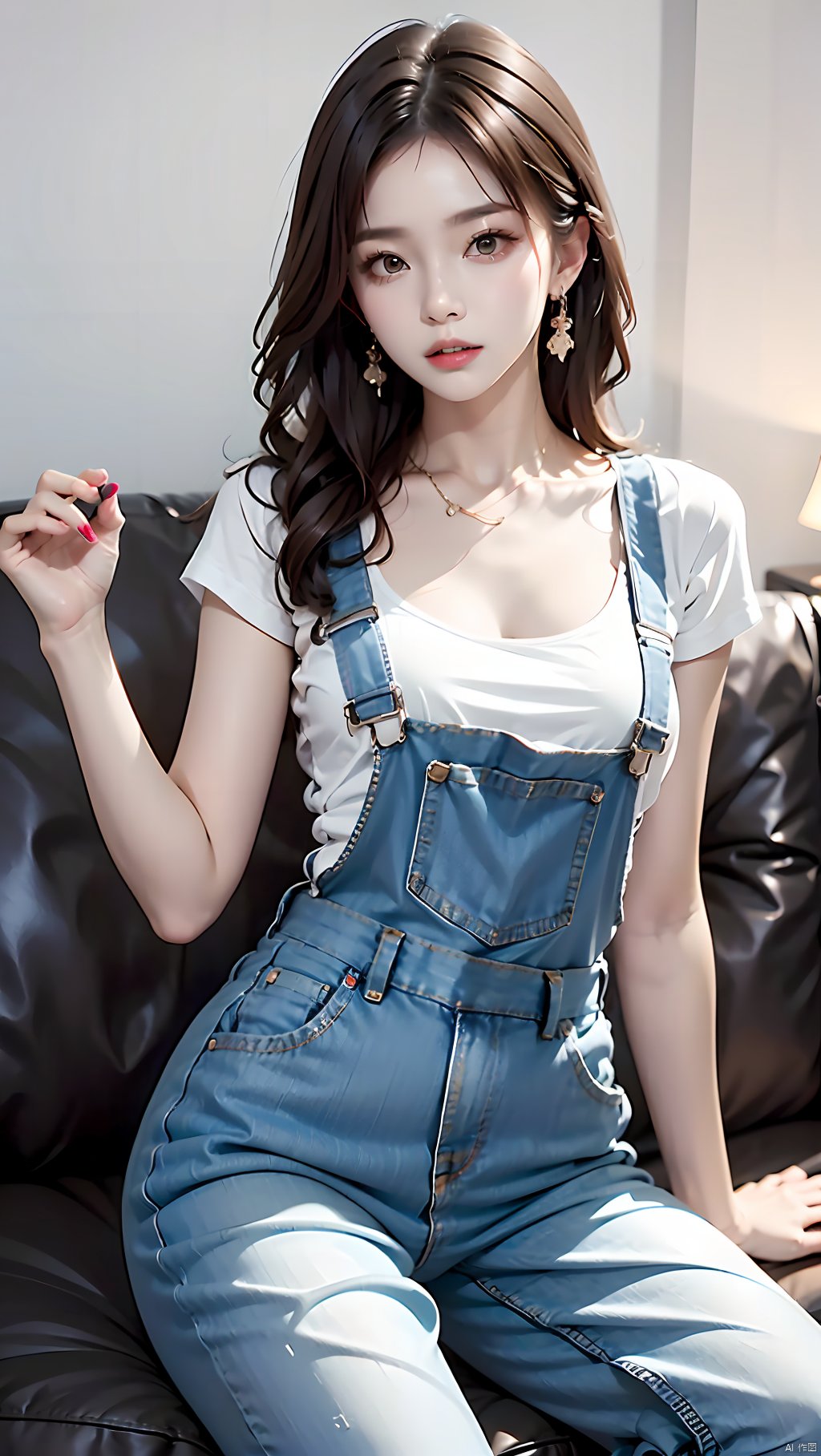 1girl,breasts,brown eyes,brown hair,cleavage,collarbone,earrings,Striped suspender T-shirt,Girl's posture,Sitting on the sofa,Sitting posture,Denim suspender pants,jewelry,long hair,looking at viewer,medium breasts,nail polish,sitting,solo