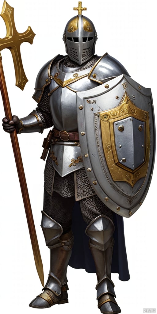  solo, simple background, white background,
holding, standing, full body, male focus, belt, armor, helmet,Golden Shield, tabard, knight, full armor, holding shield, chainmail,Shield defense,cross, Shield, Sculpted Hand-Painted Figure