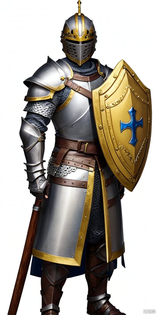  solo, simple background, white background,
holding, standing, full body, male focus, belt, armor, helmet,Golden Shield, tabard, knight, full armor, holding shield, chainmail,Shield defense,cross, Shield, Sculpted Hand-Painted Figure