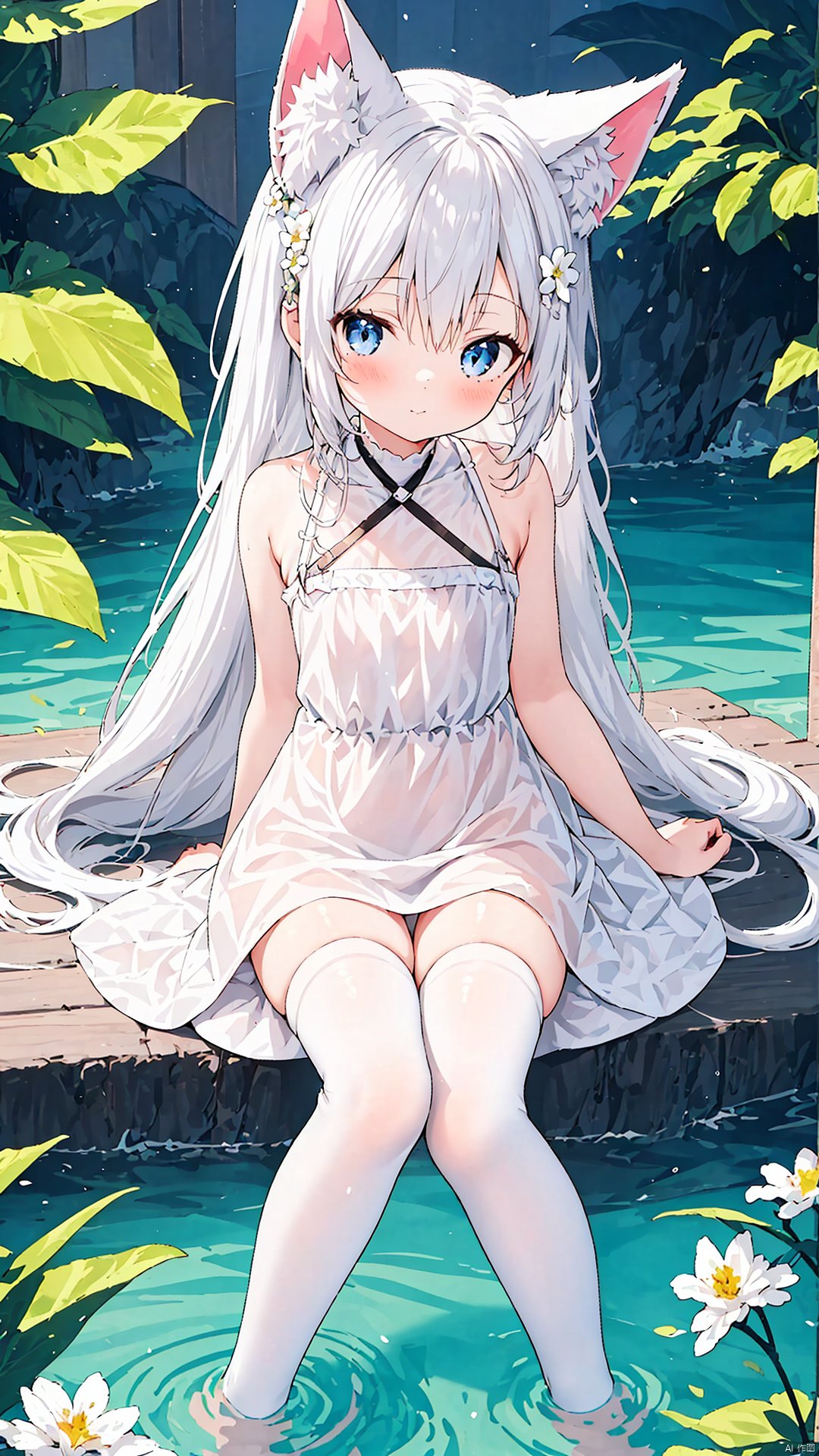 1girl, solo, animal ears, dress, long hair, blue eyes, thighhighs, white dress, white hair, animal ear fluff, white thighhighs, looking at viewer, flower, sitting, water, bare shoulders, bangs, blush, very long hair, closed mouth, halterneck, criss-cross halter, sleeveless, breasts, sleeveless dress, feet out of frame, white flower, small breasts, fox ears