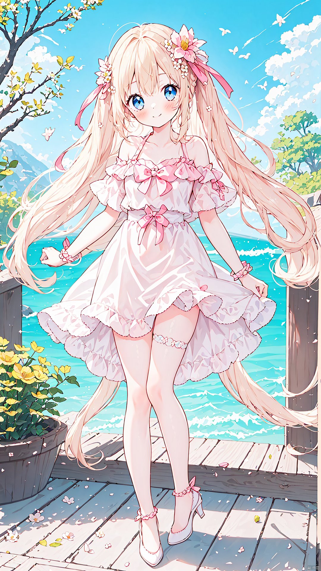 1girl, solo, long hair, looking at viewer, blush, smile, bangs, blue eyes, blonde hair, dress, ribbon, bare shoulders, very long hair, closed mouth, standing, full body, hair ribbon, braid, flower, outdoors, frills, sky, day, off shoulder, white dress, high heels, tree, blue sky, wrist cuffs, white footwear, frilled dress, white ribbon, pink flower, stairs, off-shoulder dress