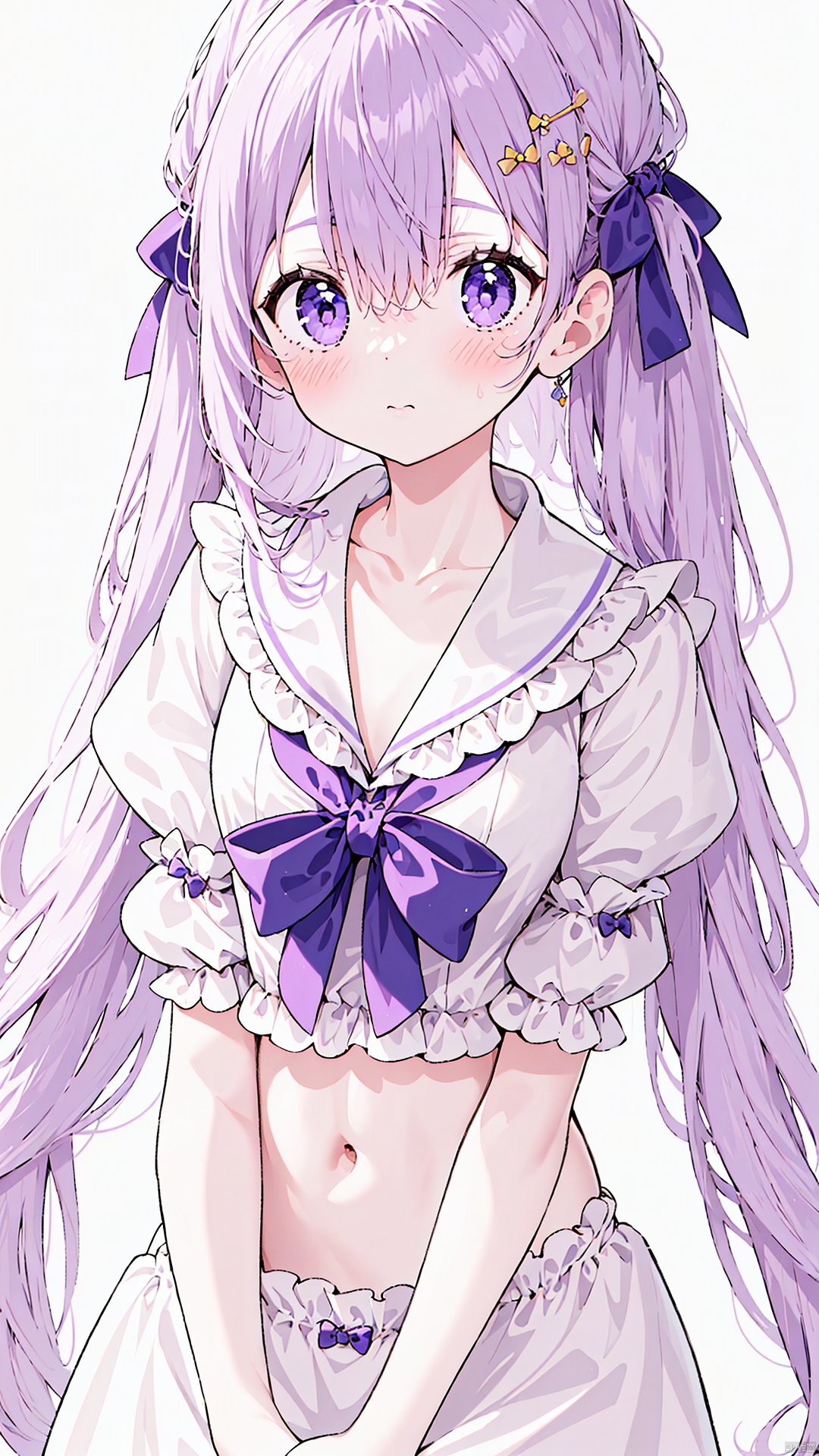 1girl, solo, long hair, looking at viewer, blush, bangs, simple background, shirt, long sleeves, white background, bow, hair between eyes, closed mouth, purple eyes, white shirt, upper body, purple hair, hair bow, frills, puffy sleeves, collared shirt, bowtie, crossed arms, juliet sleeves, brooch, puffy long sleeves, purple bow, cropped torso, center frills, purple bowtie