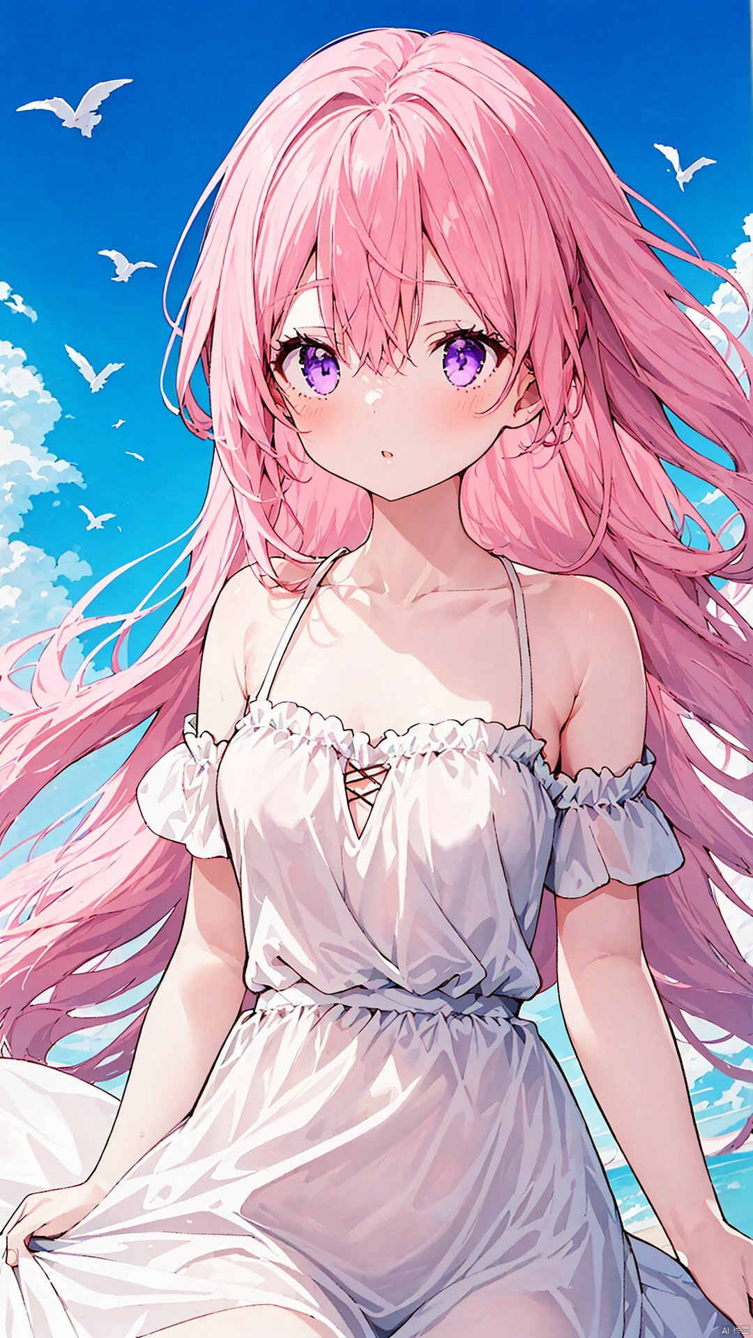  1girl, solo, long hair, dress, bare shoulders, purple eyes, collarbone, upper body, pink hair, parted lips, off shoulder, white dress, floating hair, looking away, wind