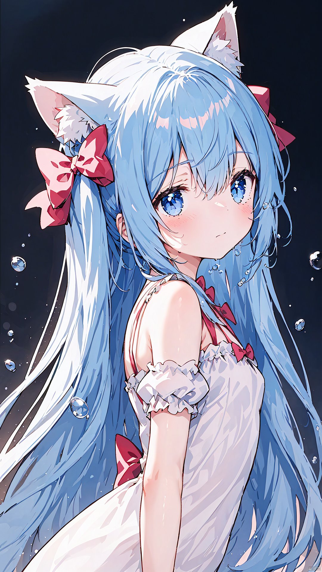  1girl, solo, long hair, breasts, looking at viewer, blush, bangs, blue eyes, hair ornament, dress, bow, animal ears, hair between eyes, bare shoulders, closed mouth, blue hair, upper body, short sleeves, hair bow, small breasts, frills, detached sleeves, puffy sleeves, cat ears, white dress, from side, two side up, puffy short sleeves, pink bow, bubble, water drop