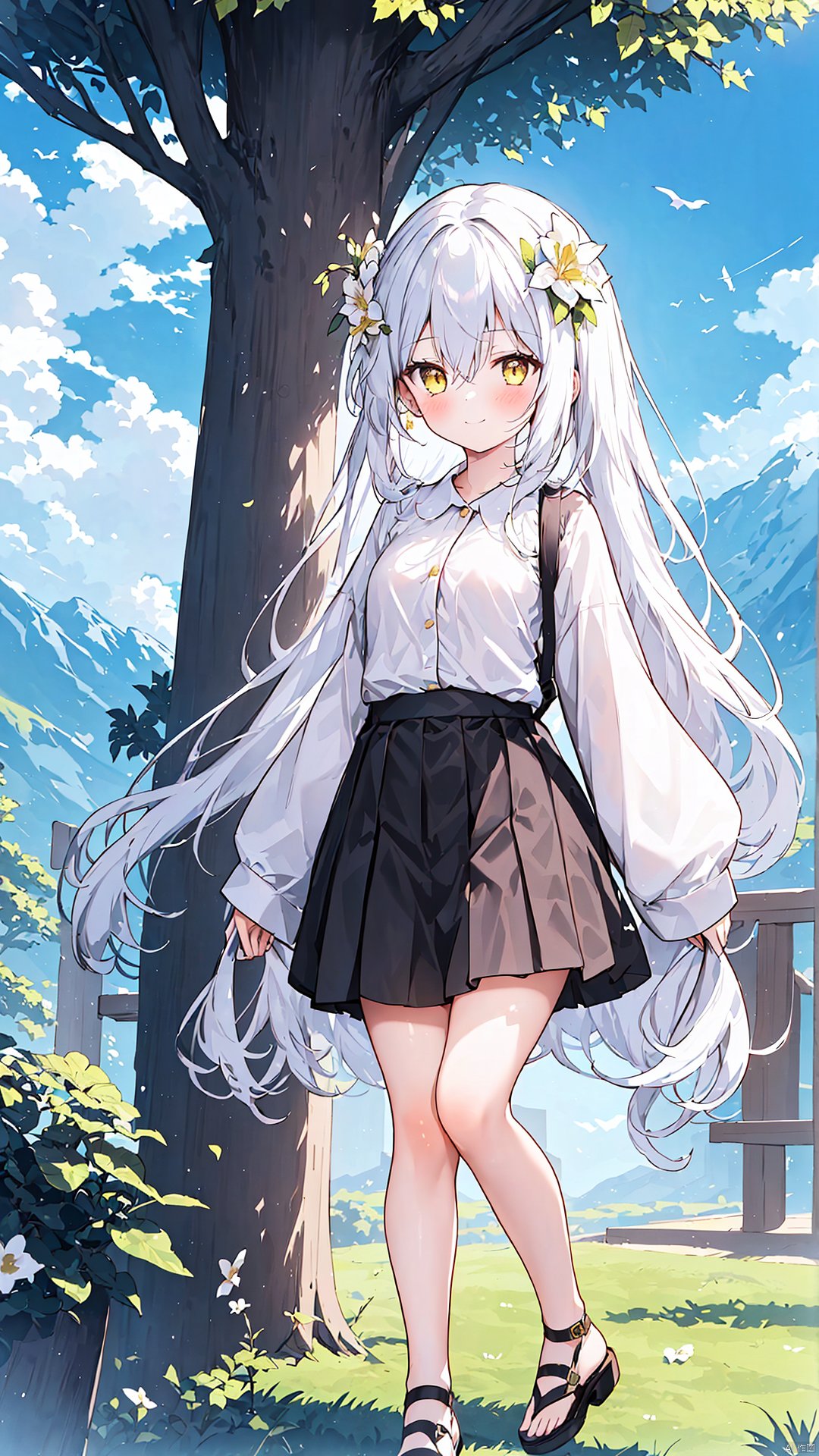 1girl, solo, long hair, breasts, looking at viewer, blush, smile, bangs, skirt, shirt, hair ornament, long sleeves, hair between eyes, very long hair, closed mouth, standing, full body, yellow eyes, white shirt, flower, white hair, pleated skirt, outdoors, sky, day, puffy sleeves, collared shirt, cloud, hair flower, black skirt, bag, black footwear, tree, blue sky, sleeves past wrists, bare legs, bird, sandals, cloudy sky, grass, white flower, puffy long sleeves, shoulder bag, mountain