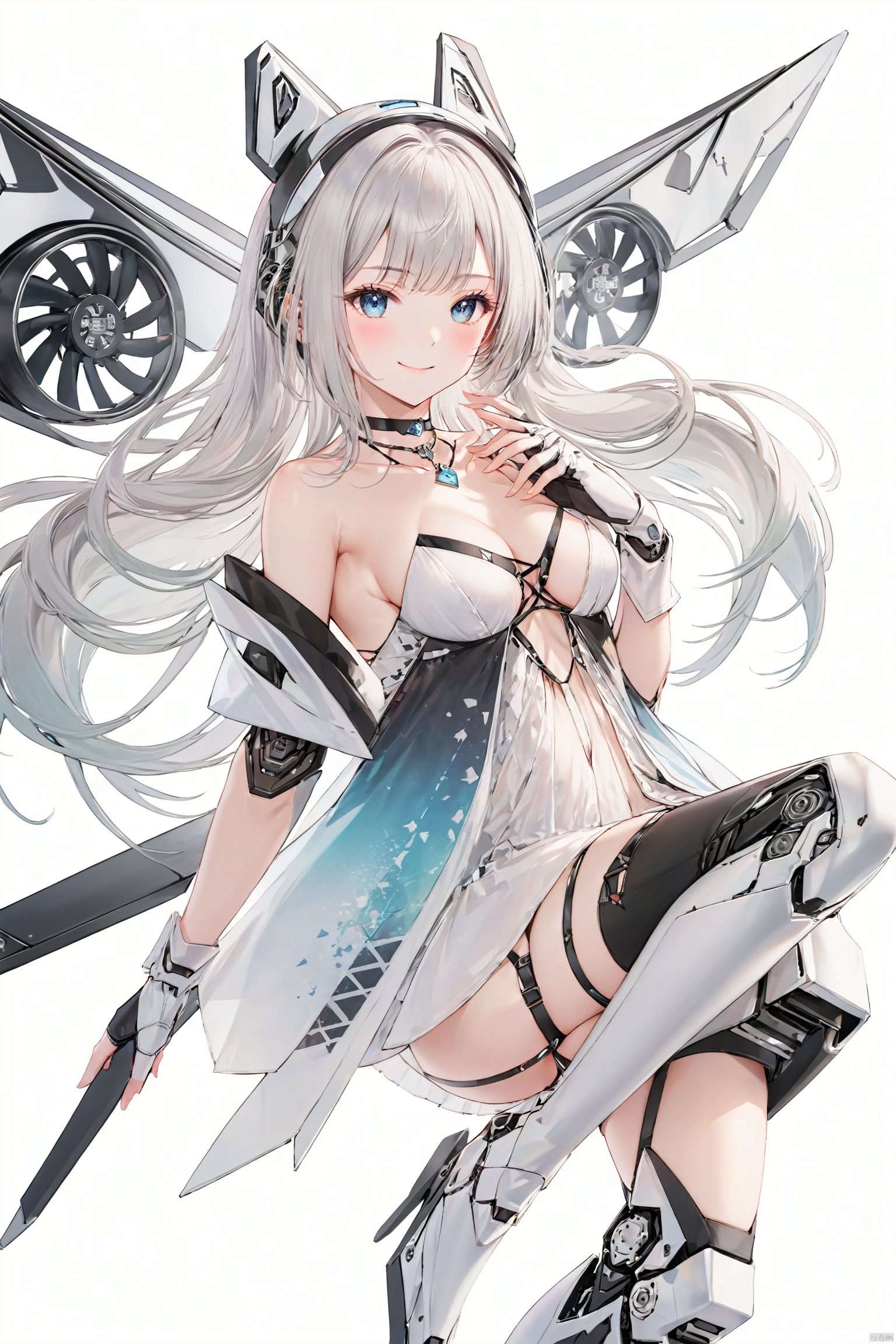 天启姬, 1girl, solo, long hair, holding, looking at viewer, mecha musume, mechanical wings, cleavage, smile, bare shoulders, headgear, choker, medium breasts, strapless, fingerless gloves, black thighhighs, white dress, closed mouth, mechanical legs, TIANQIJI