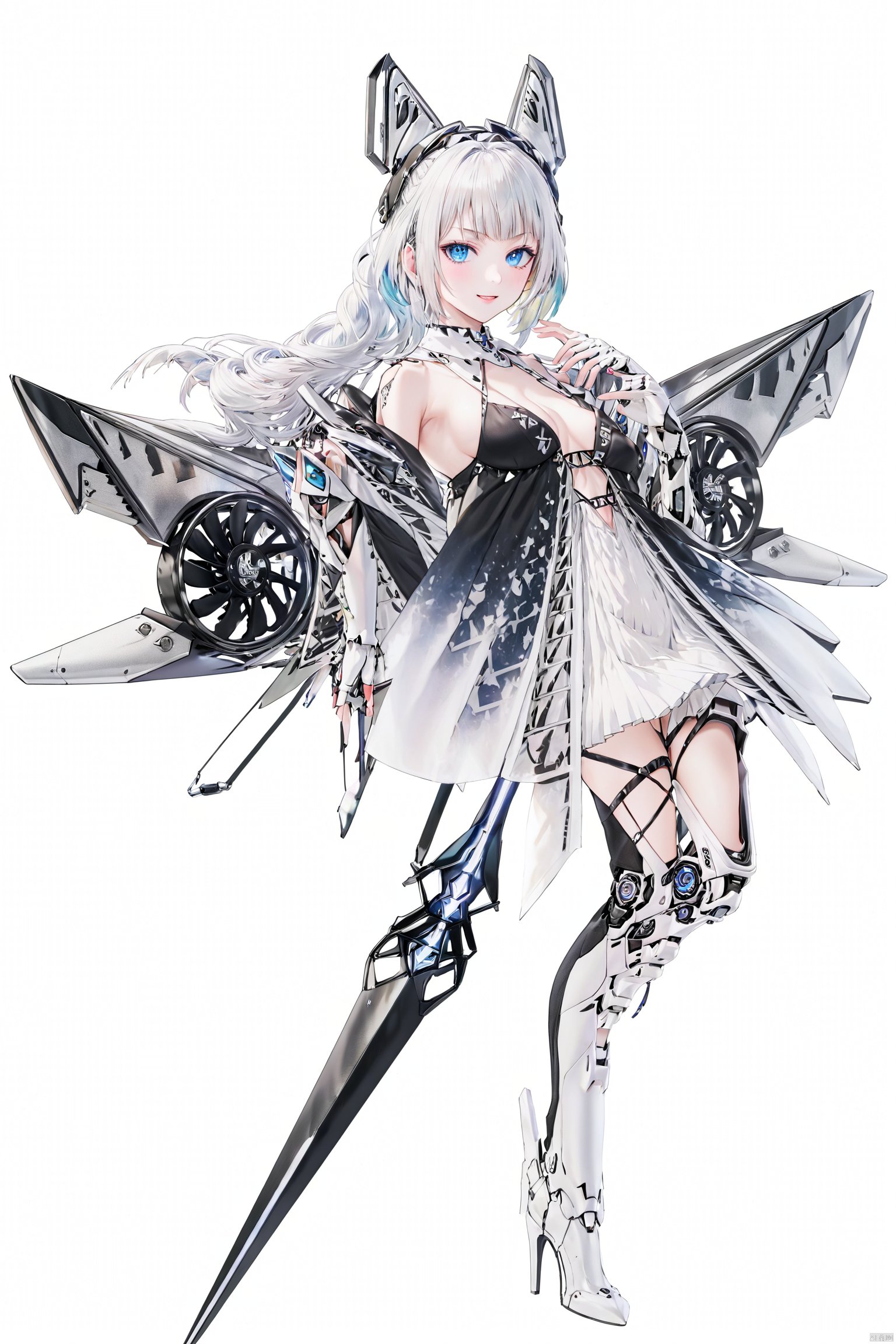  1 woman, robot cyborg
full body, hanging in the air
anime
broken maintenance
oriental
poetic
horror
ghost
tubes , wires
by
 Akihiko Yoshida
TIANQIJI
1girl
solo
long hair
breasts
looking at viewer
smile
bangs
blue eyes
simple background
thighhighs
white background
dress
holding
cleavage
bare shoulders
medium breasts
tail
full body
weapon
white hair
boots
wings
holding weapon
white dress
high heels
headgear
white footwear
polearm
high heel boots
armored boots
mecha musume
holding polearm
, TIANQIJI