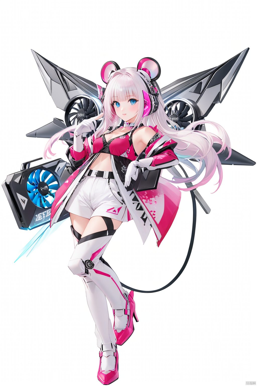  1 girl, solo, pink Mecha pants, wings, blue eyes, long hair, pink shoes, hair accessories, looking at the audience, white hair, hair accessories, bangs, blue eyes, staff, clean background, mechanical wings, (video card fan), gloves, white, simple background, cute, video card promo character, console, keyboard, mouse, joypad, red clothes, festive, Pinktheme,, TIANQIJI