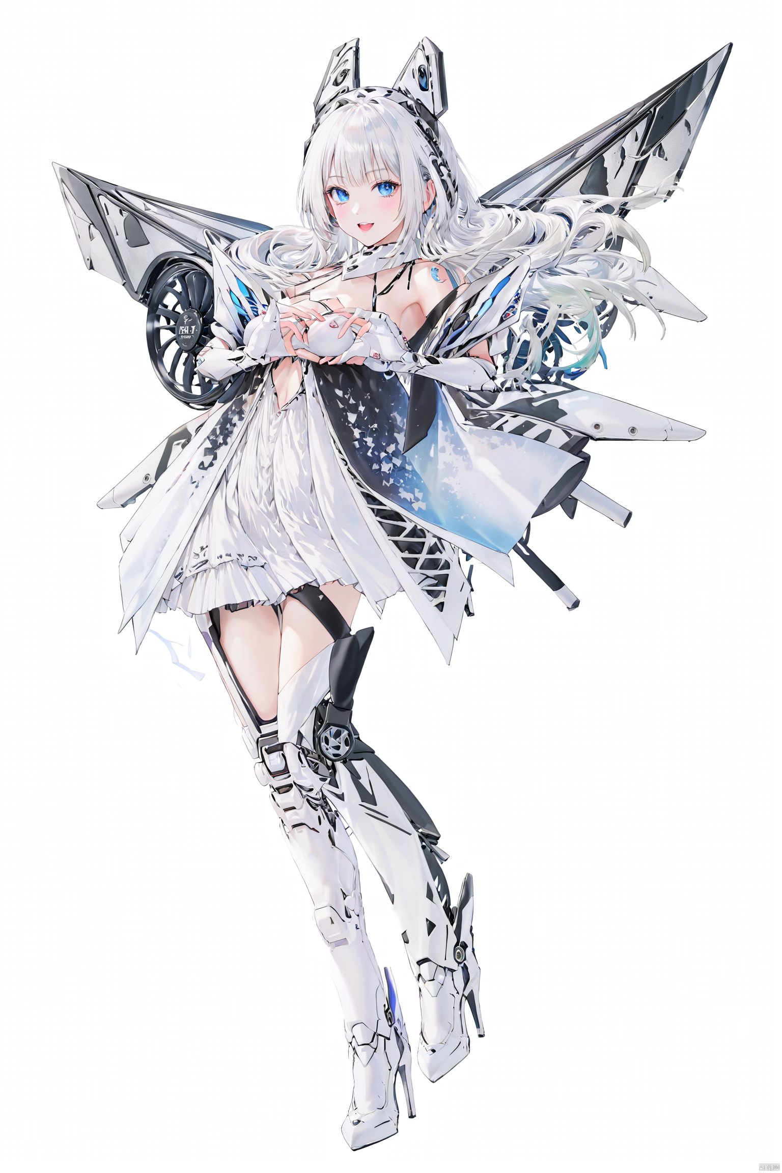 TIANQIJI
1girl
solo
long hair
breasts
looking at viewer
blush
smile
open mouth
bangs
blue eyes
simple background
thighhighs
gloves
white background
dress
bare shoulders
tail
full body
white hair
:d
boots
wings
white dress
high heels
headgear
white footwear
own hands together
high heel boots
mecha musume