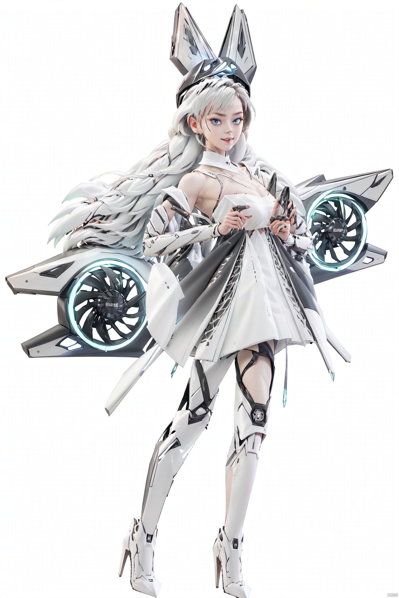  1 woman, robot cyborg
full body, hanging in the air
anime
broken maintenance
oriental
poetic
horror
ghost
tubes , wires
by
 Akihiko Yoshida
TIANQIJI
1girl
solo
long hair
breasts
looking at viewer
smile
bangs
blue eyes
simple background
thighhighs
white background
dress
holding
cleavage
bare shoulders
medium breasts
tail
full body
weapon
white hair
boots
wings
holding weapon
white dress
high heels
headgear
white footwear
polearm
high heel boots
armored boots
mecha musume
holding polearm
, TIANQIJI