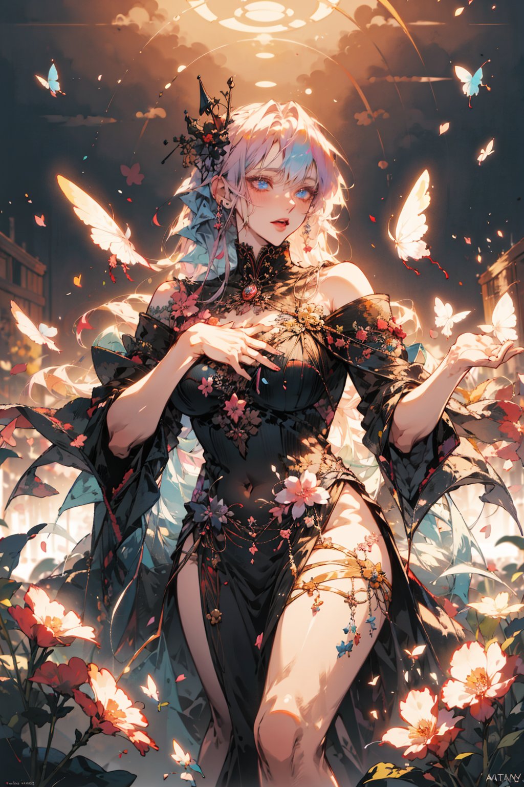 8k, (absurdres, highres, ultra detailed), (1lady), there is a innocent smile girl with butterflies on her head and a butterfly in her hair, stunning anime face portrait, beautiful anime portrait, isabella vampire, glowing blue eyes, pale skin, vampire fangs, crown, thighs, holding skull, anime fantasy artwork, flowers and butterflies, realistic anime art style, realistic anime artstyle, starry_hair, cute, Circle, shiny_skin, shiny_hair, ,High detailed ,Circle,blurry_light_background