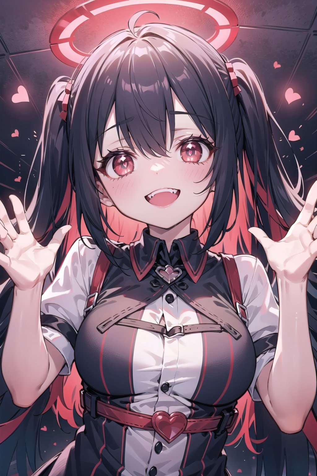 masterpiece, red glowing,  light,  (red light,  crazy,  crazy smile,  yandere),  medium breasts,  (heart-shaped pupils),  open mouth,  view from low,  hands up,<lora:EMS-268802-EMS:1.000000>