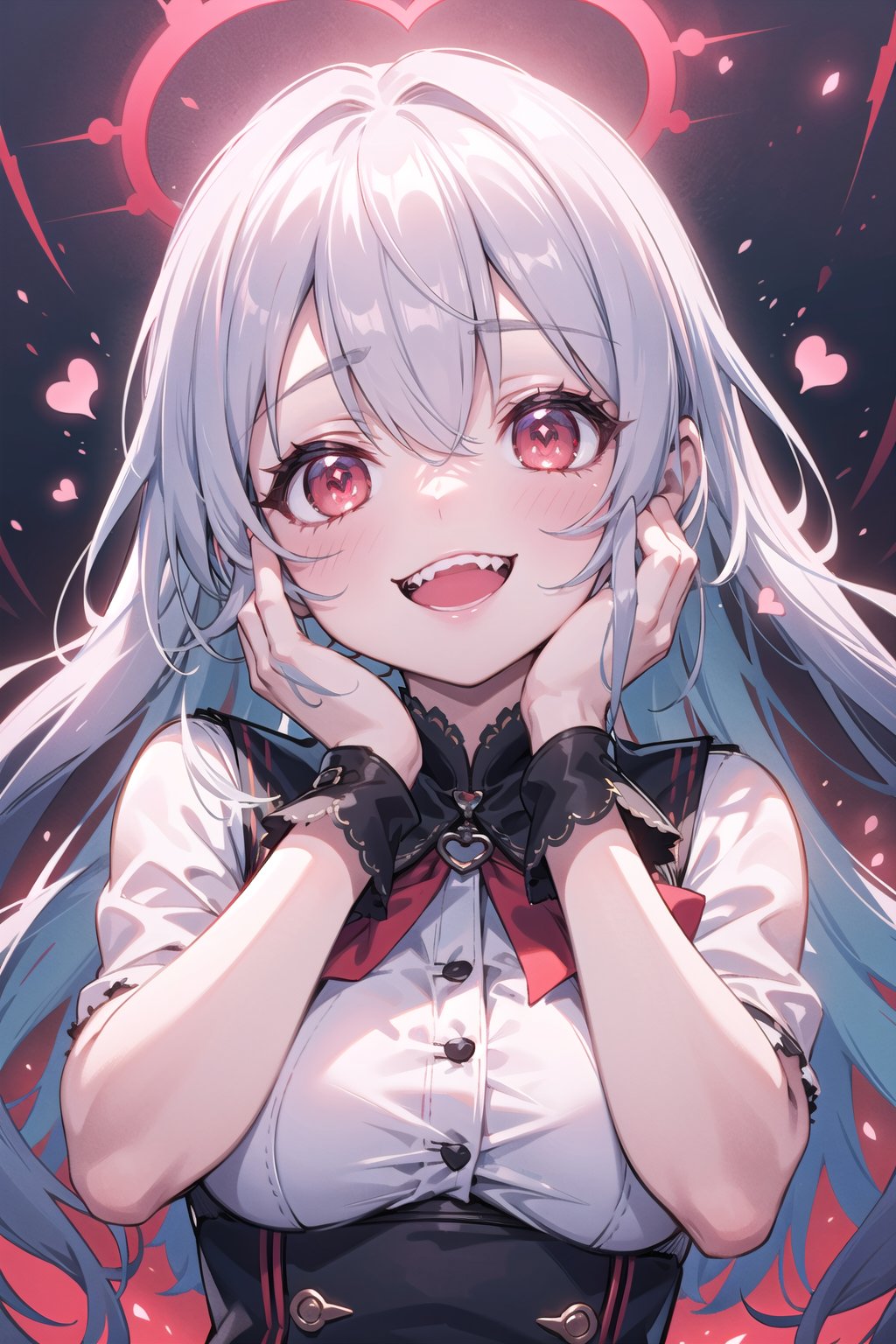 masterpiece, red glowing,  light,  (red light,  crazy,  crazy smile,  yandere),  medium breasts,  (heart-shaped pupils),  hands on own face,  open mouth,  view from low,<lora:EMS-268802-EMS:1.000000>