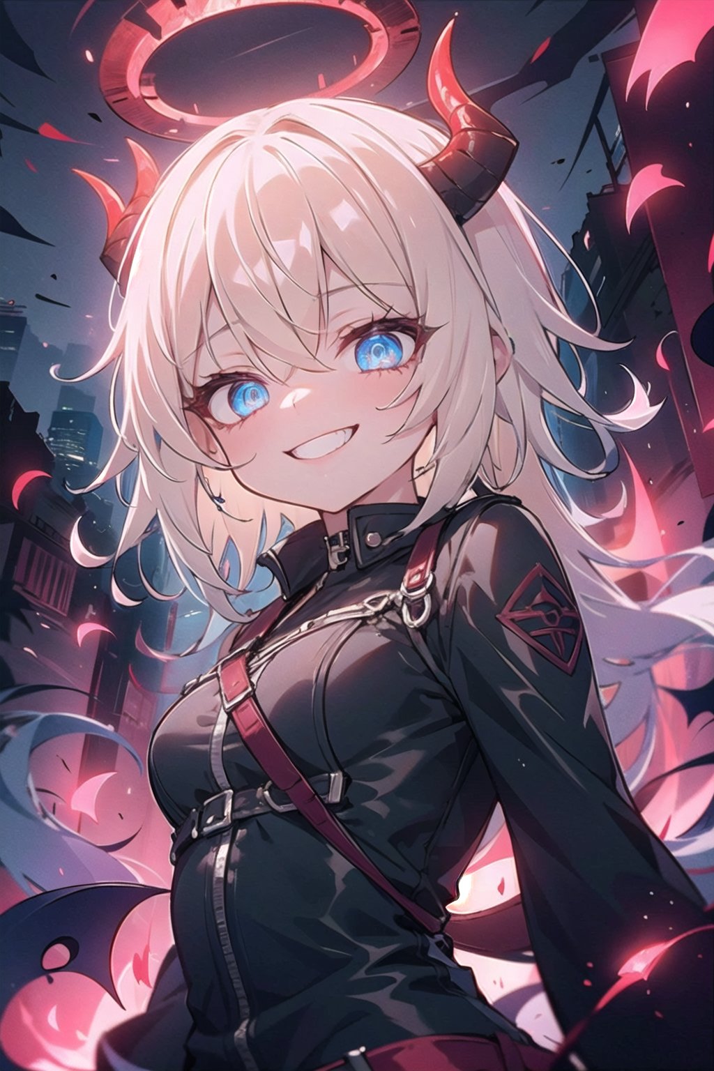 masterpiece, ultra-detailed,red glowing, savage,  light (red light), one girl demon, fnags,(blonde hair, long hair, blue eyes), crazy, short hair, glowing light, spectral atmosphere, hell, ruins, hell city ,crazy ,evil crazy smile, open month 