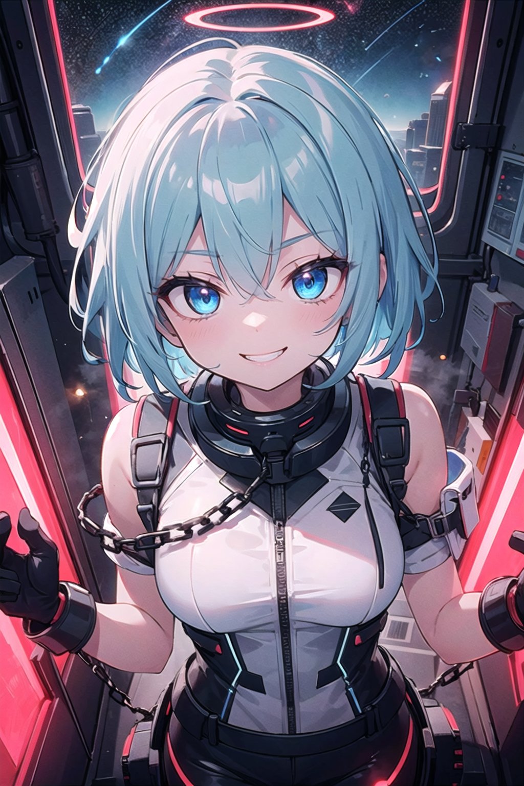 masterpiece,  ultra-detailed, red glowing,  savage,  light (red light),  one girl (gray blue hair, blue eyes),  crazy,  short hair,  glowing light,  futuristic,  space,  science lab,  jail,  escape,  chains , crazy , evilcrazy smile,  sharp smile,<lora:EMS-268802-EMS:1.000000>