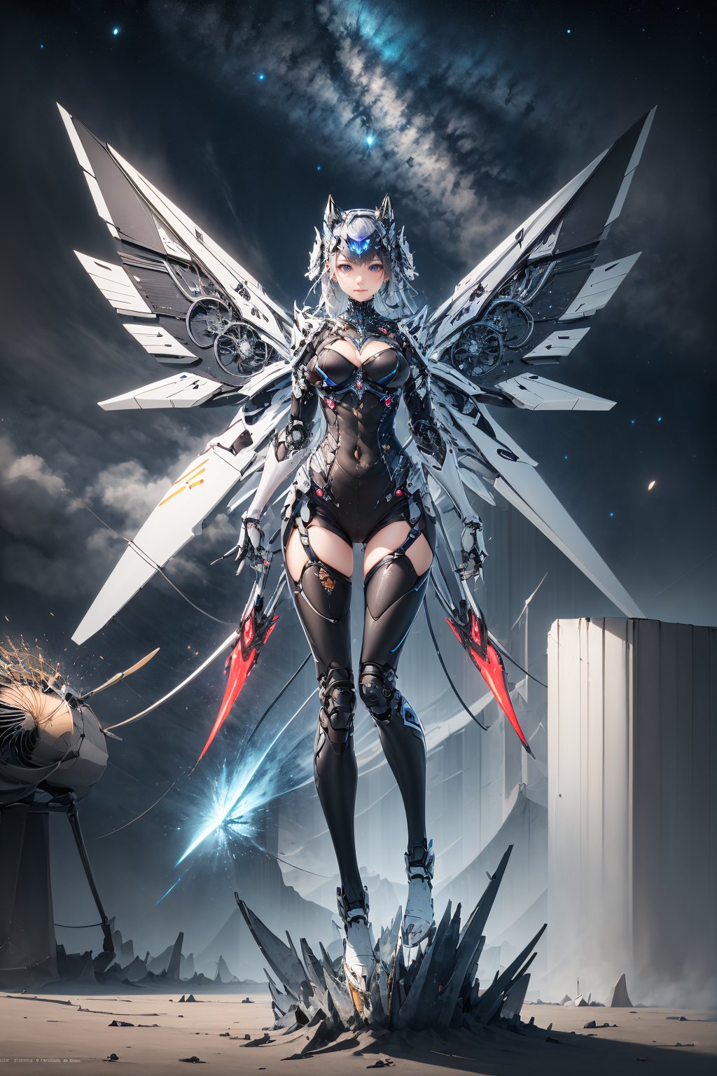 1girl,tianq,mechanical wing,wings,<lora:tianq10:0.8>,flying,star battlefield,(fan in the wings:1.3),