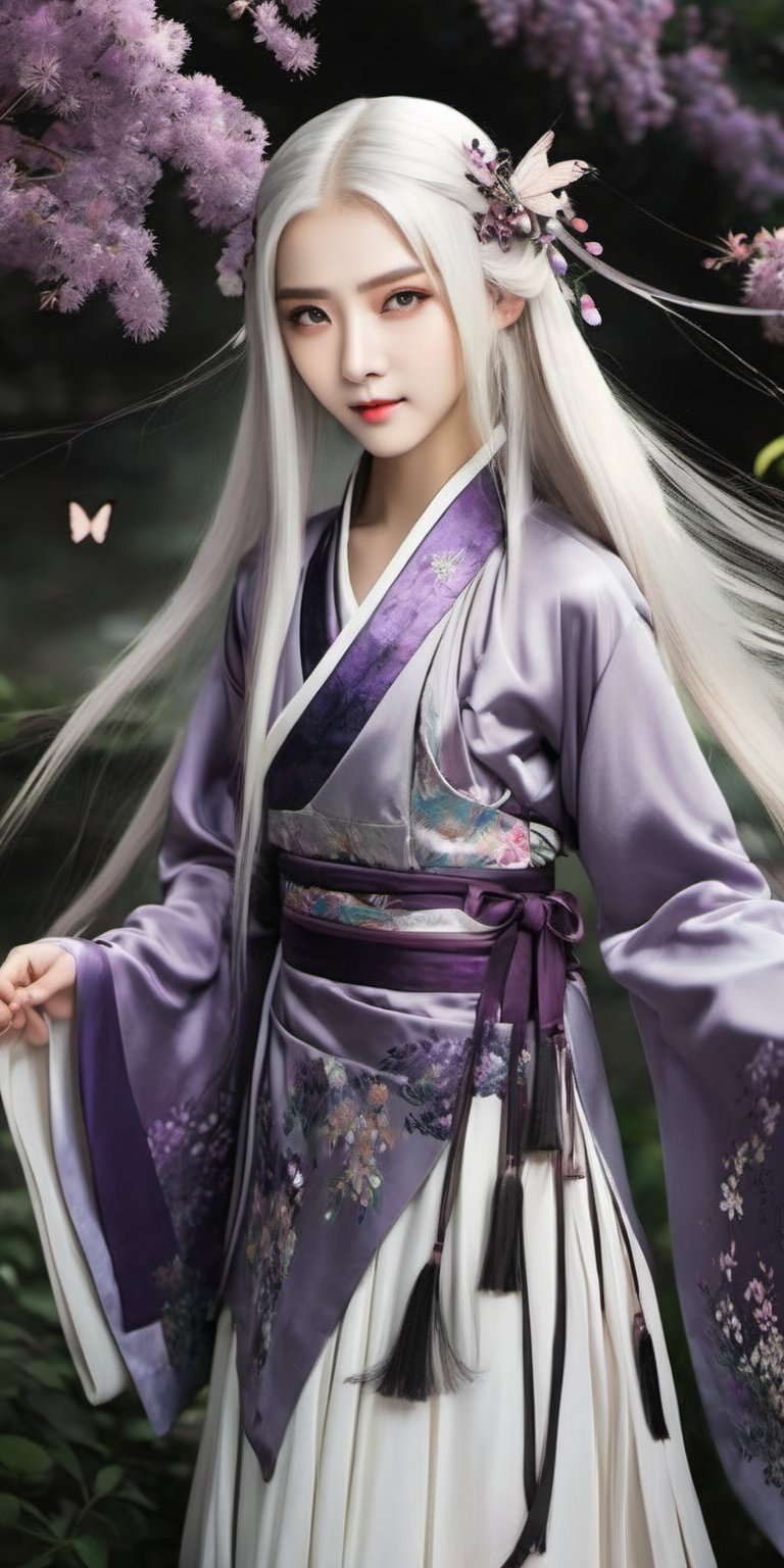 1 girl, full body,  solo, long white hair, dystopian setting, shiny green eyes, detailed eyes, blink and youll miss it detail, silk hanfu, white hanfu, purple glittering butterflies, outdoors, flower garden, high quality, ancient chinese hanfu, floral background, very detailed
