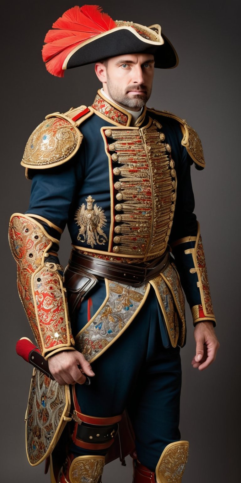 Polish man,hussar cavalry, early modern Poland depicted with the intricate art of Maki-e using gold leaf, in resplendent and majestic armor, exuding both beauty and grandeur. Envision intricate details in the armor, incorporating rich colors and ornate designs that showcase the regal essence of this formidable noble soldier, mounted on a gallant steed,Ensure that the composition conveys the historical and aesthetic significance of the hussar tradition,Obsidian_Gold,oil painting