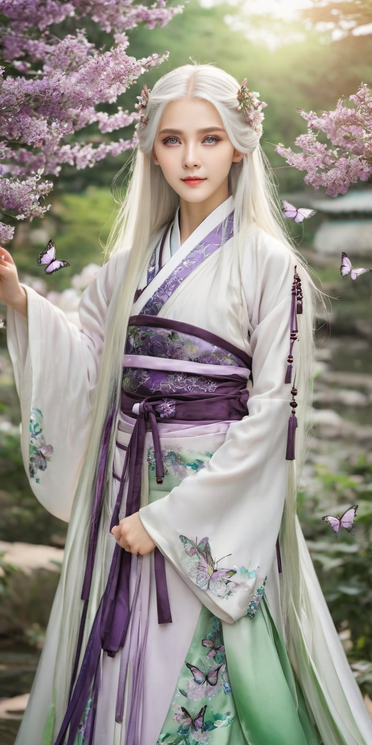 1 girl, solo, long white hair, dystopian setting, shiny green eyes, detailed eyes, blink and youll miss it detail, silk hanfu, white hanfu, purple glittering butterflies, outdoors, flower garden, high quality, ancient chinese hanfu, floral background, very detailed