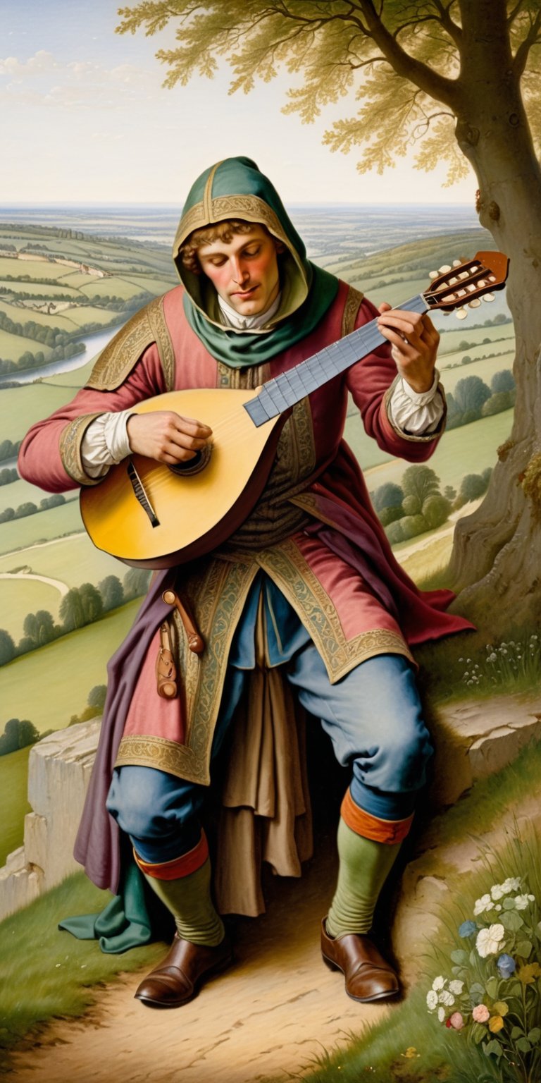 A medieval minstrel with very colorful suit with tippet and hood playing a mandolin in a romantic landscape, oil painting, extremely detailed, masterpiece, approaching to perfection, by Moritz von Schwind and Alan Lee