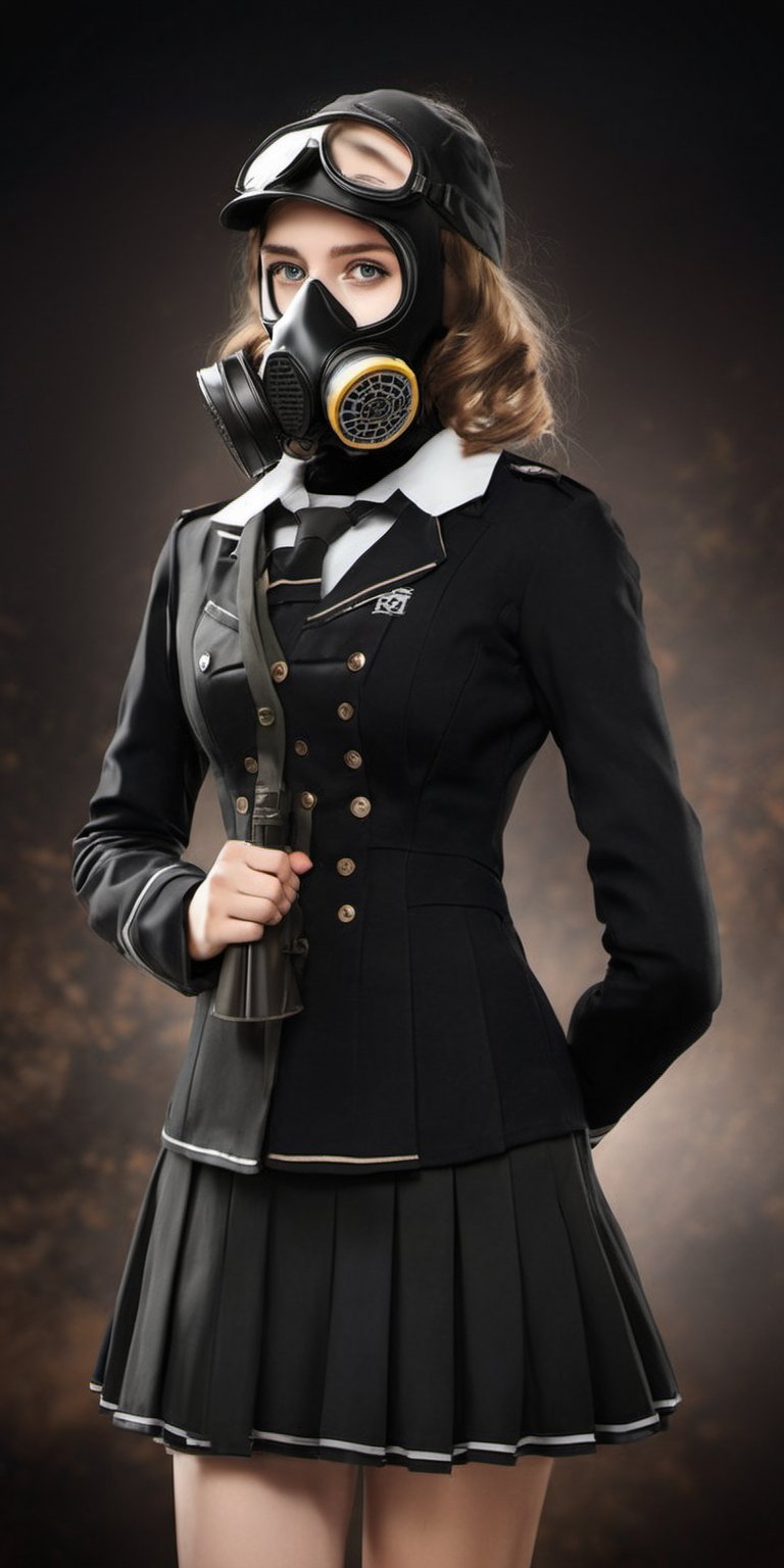 female, ((masterpiece, best quality, ultra detailed, absurdres):1.5), 1girl, beautiful, ZGirl, black uniform, school_uniform,ZGirl, wearing gas mask,gas mask, photorealistic