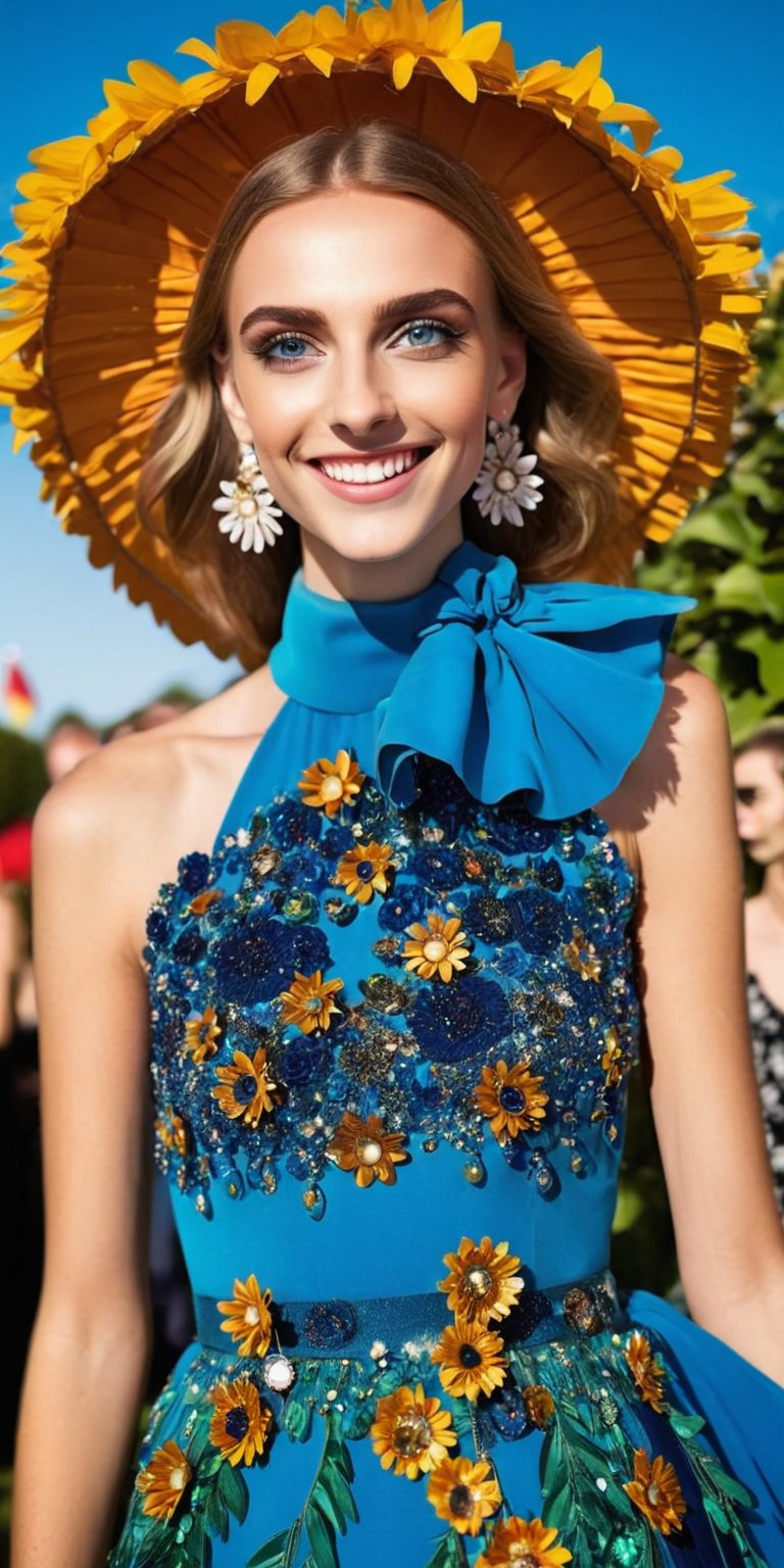 1girl, Beautiful eyes, detailed eyes, big eyes, grin, fine face, carnival party outfit , High Fashion,  Georges Hobeika, dramatic shadows, low saturation, Beautiful blue sky, calm sunshine, flower garden