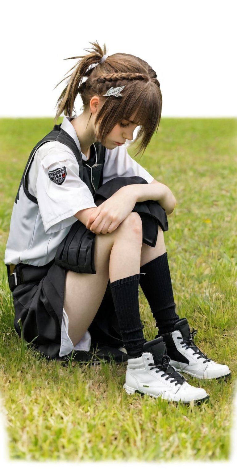 {{texas the omertosa (arknights)}}1girl,white background,White,sitting, grass, from side,head down,sad,solo,