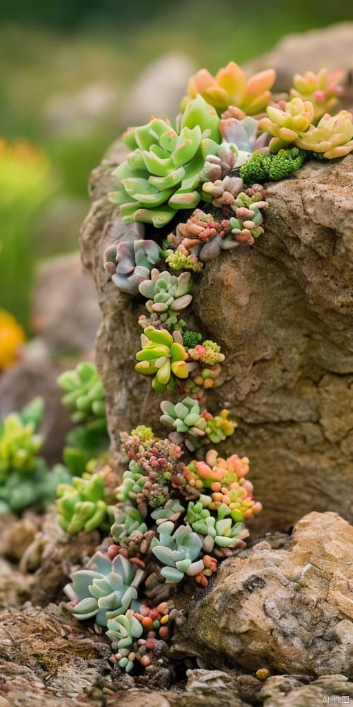  flower, outdoors, blurry, no humans, depth of field, blurry background, grass, plant, scenery, mushroom,Succulents,colorful