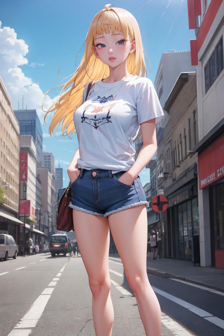 masterpiece, best quality, absurdres, FuyukiMinami, t-shirt, denim shorts, standing, outdoors, city, hands in pockets, <lora:FuyukiMinami:1>