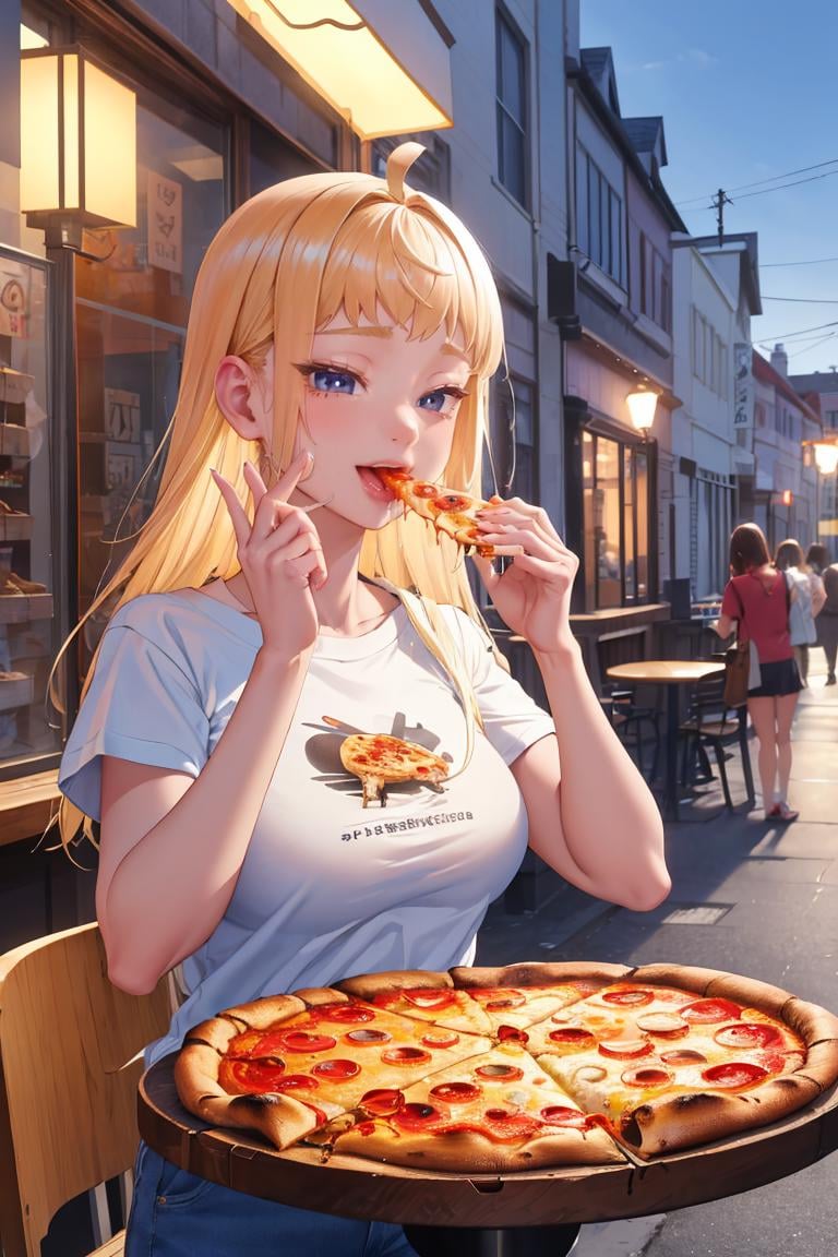 masterpiece, best quality, absurdres, FuyukiMinami, t-shirt, eating, table, upper body, pizza, happy, lamp, outdoors, street, lamppost, <lora:FuyukiMinami:1>