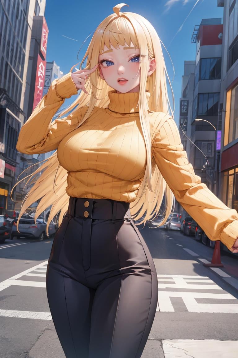 masterpiece, best quality, absurdres, FuyukiMinami, sweater, ribbed sweater, long sleeves, high-waist pants, outdoors, city, <lora:FuyukiMinami:1>