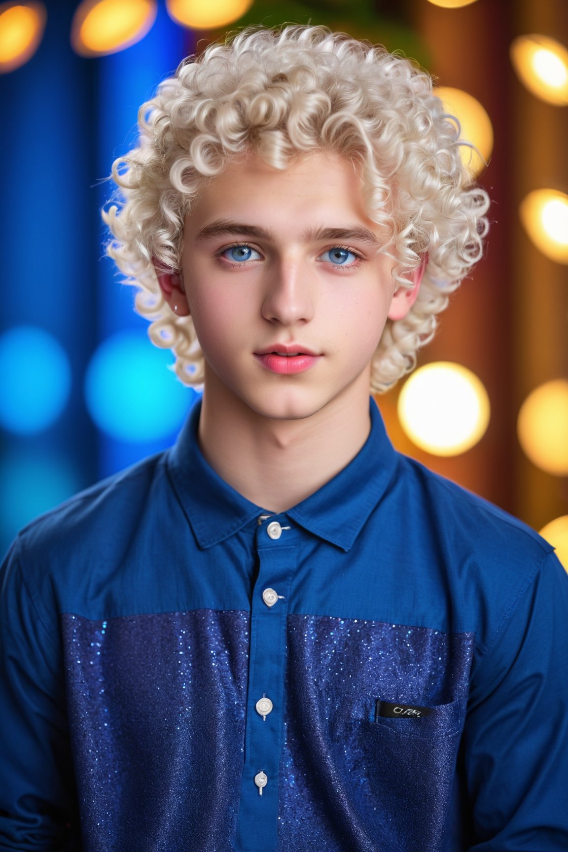 beautiful detailed eyes,plump lips,18 year old boy,white curly hair,blue eyes,small nose,girly appearance,stylish clothes,fashionable,confident posture,youthful energy,vibrant background,soft lighting,(best quality,highres),(realistic:1.37),ultra-detailed,studio lighting,vivid colors,bokeh


