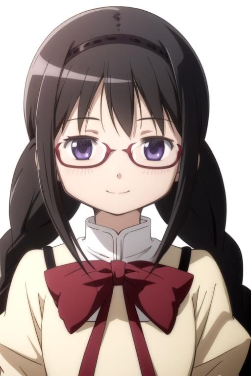 solo, 1girl, looking at viewer, sketch, flat colors, 2D, anime, anime coloring, upper body, (solid white background:1.3), <lora:homura-madomagi-01:0.8>, homura akemi, twin braids, school uniform, glasses, smile