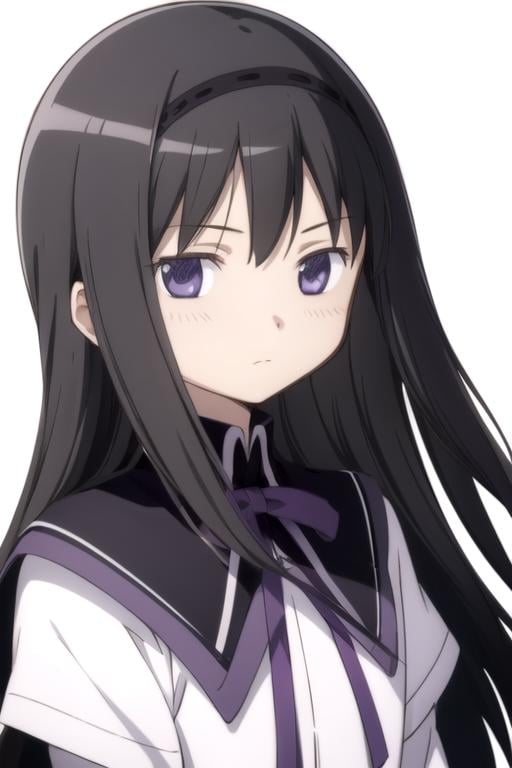 solo, 1girl, looking at viewer, sketch, flat colors, 2D, anime, anime coloring, upper body, (solid white background:1.3), <lora:homura-madomagi-01:0.8>, homura akemi, magical girl, closed mouth