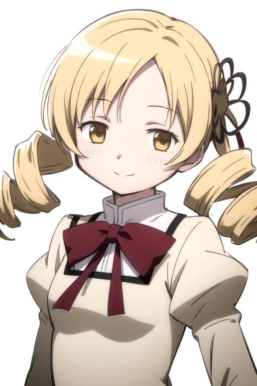 solo, 1girl, looking at viewer, sketch, flat colors, 2D, anime, anime coloring, upper body, (solid white background:1.3), <lora:mami-madomagi-01:0.8>, mami tomoe, school uniform, smile