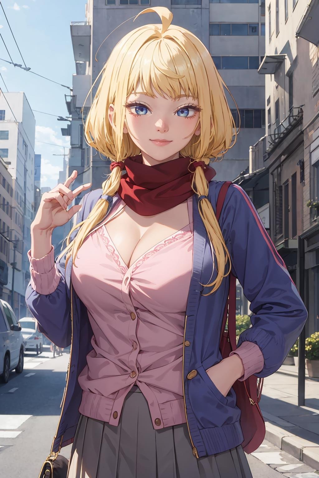 Minami_Fuyuki, 1girl, ahoge, solo, blonde hair, looking at viewer,smirk,pink cardigan, cleavage, blue jacket, open jacket, red scarf, pleated skirt, grey skirt, city background, street, garden, hand in hip, sky, dynamic pose, dynamic angle,(highres:1.2),(ultra-detailed:1.2),[high dynamic range lighting],(masterpiece:1.3), (best quality),highly quality, intricate details,(extremely detailed CG unity 8k wallpaper:1.2),best shadow,(extremely detailed fine touch:1.2), (high resolution), (8K), (extremely detailed), (4k), (pixiv), perfect face, nice eyes and face, (super detailed), detailed face and eyes, textured skin, absurdres, highres,deep skin,skindentation,<lora:Minami_Fuyuki:0.65>