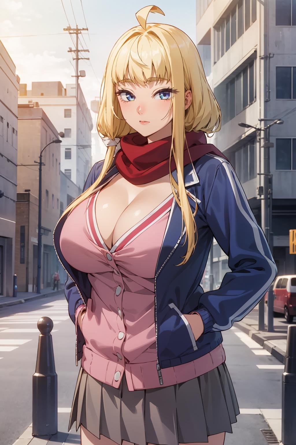 Minami_Fuyuki, 1girl, ahoge, solo, blonde hair,  looking at viewer,pink cardigan, cleavage, blue jacket, open jacket, red scarf,  pleated skirt, grey skirt, city background, outdoors,hands in hip, sky,(highres:1.2),(ultra-detailed:1.2),[high dynamic range lighting],(masterpiece:1.3), (best quality),highly quality, intricate details,(extremely detailed CG unity 8k wallpaper:1.2),best shadow,(extremely detailed fine touch:1.2), (high resolution), (8K), (extremely detailed), (4k), (pixiv), perfect face, nice eyes and face, (super detailed), detailed face and eyes, textured skin, absurdres, highres,deep skin,skindentation,<lora:Minami_Fuyuki:0.7>