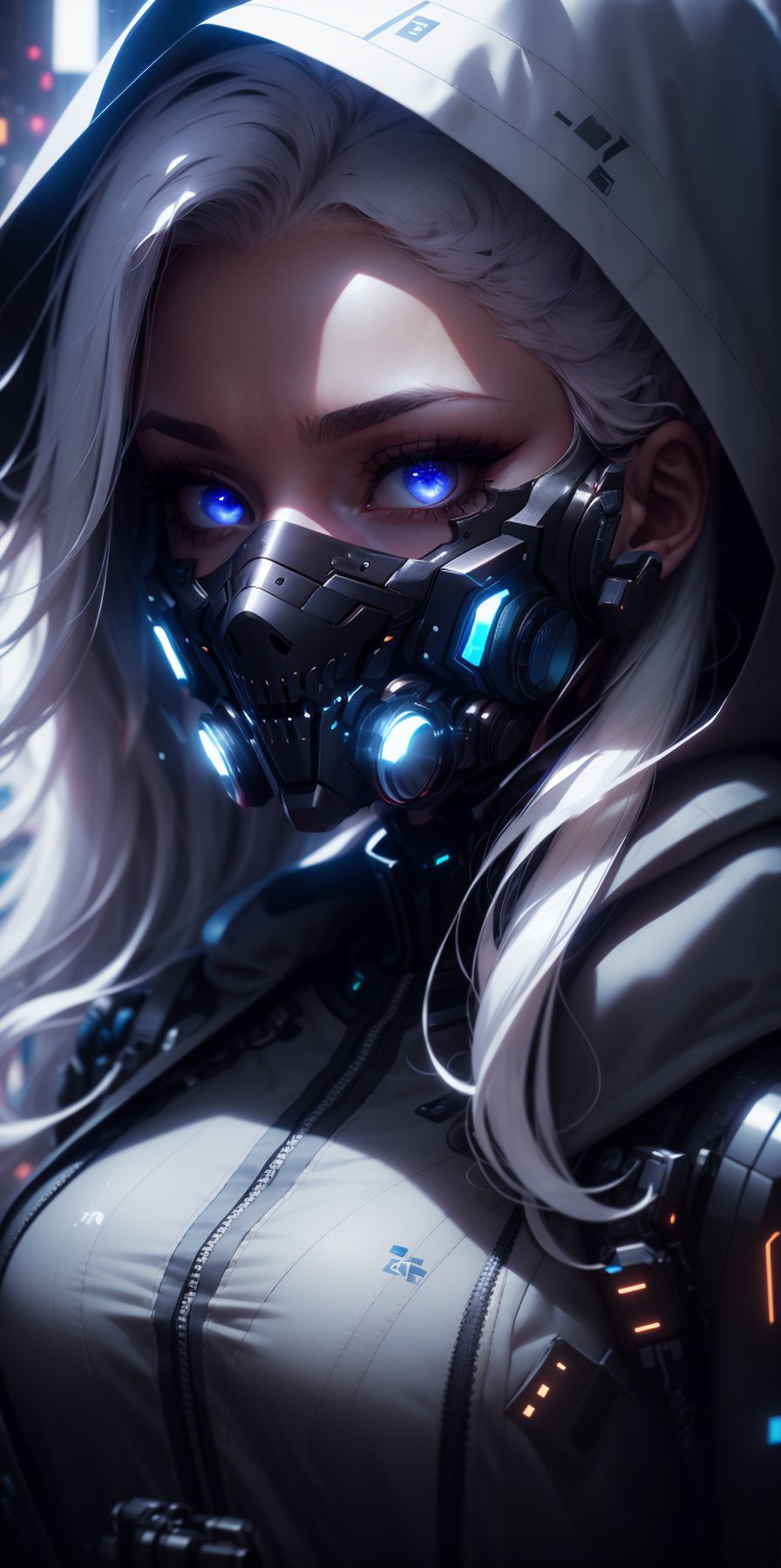 1girl, solo, looking at viewer, blue eyes, hat, white hair, hood, grey eyes, eyelashes, mask, portrait, science fiction, cyberpunk