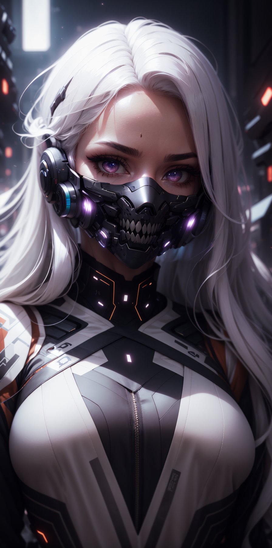 1girl, solo, long hair, looking at viewer, upper body, white hair, mask, portrait, science fiction, white eyes