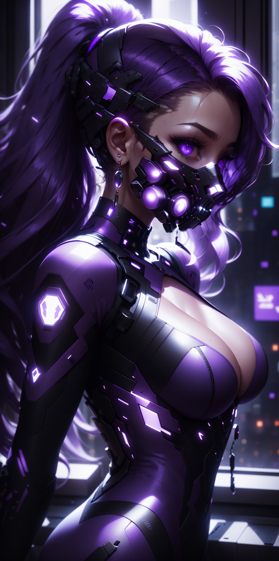 1girl, solo, long hair, breasts, jewelry, medium breasts, purple eyes, upper body, ponytail, purple hair, earrings, from side, window, bodysuit, mask, cyberpunk