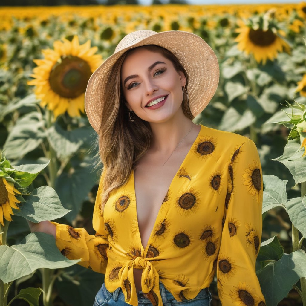 Generate hyper realistic image of a woman wearing a radiant sunflower-themed outfit, soaking up the sunshine in a field of sunflowers. Her joyful expression captures the essence of a warm summer day.