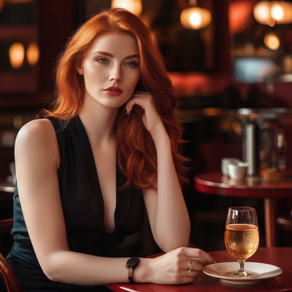 Generate hyper realistic image of a stunning red-haired woman exuding elegance, posing for the viewer in the warm glow of a cafe. She sits confidently, a vision in scarlet, amidst the inviting ambiance, making the cafe her own personal runway.