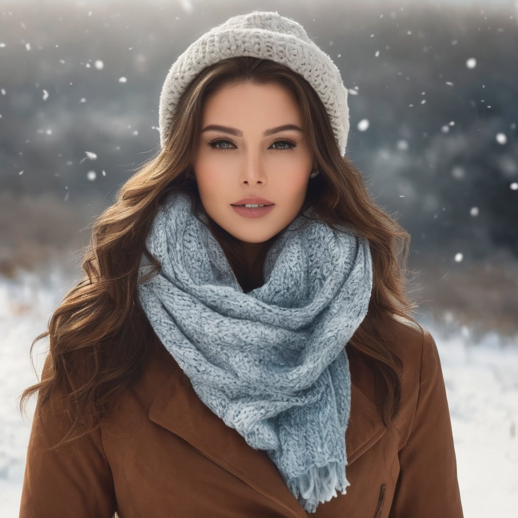 Generate hyper realistic image of a woman in elegant winter attire, surrounded by a snowy landscape. She embraces the chilly weather, perhaps with radiating beauty in the winter wonderland.