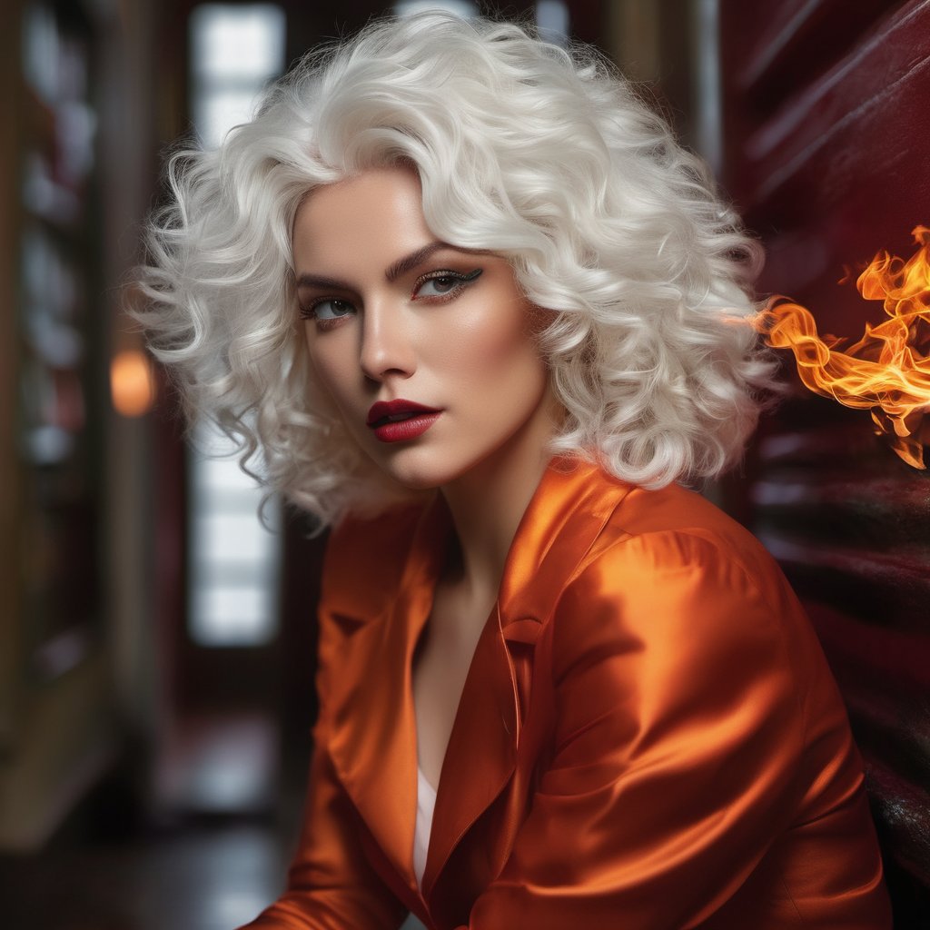 Generate hyper realistic image of a scene where a snow white haired woman with fiery curls strikes a charismatic pose in a hallway. She radiates confidence, her magnetic presence enhanced by the aromatic allure .