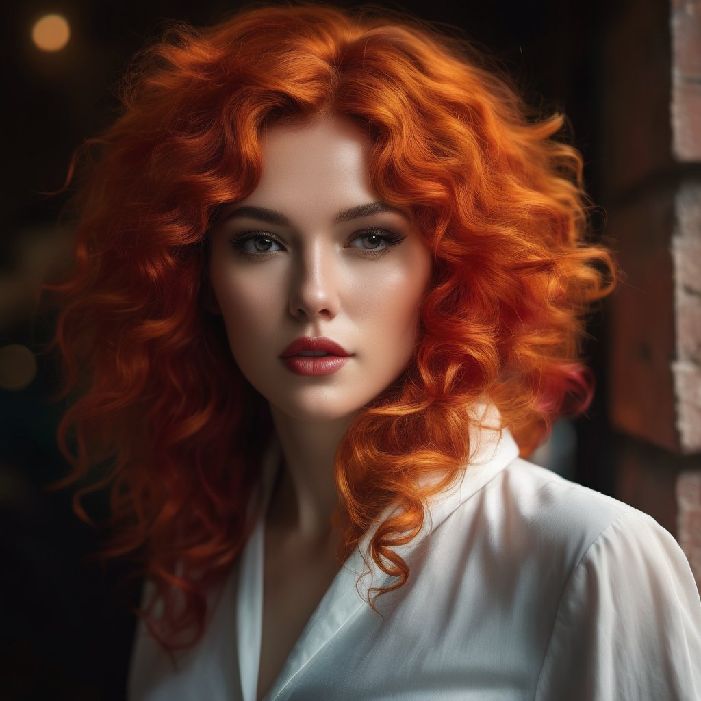 Generate hyper realistic image of a scene where a snow white haired woman with fiery curls strikes a charismatic pose in a hallway. She radiates confidence, her magnetic presence enhanced by the aromatic allure .