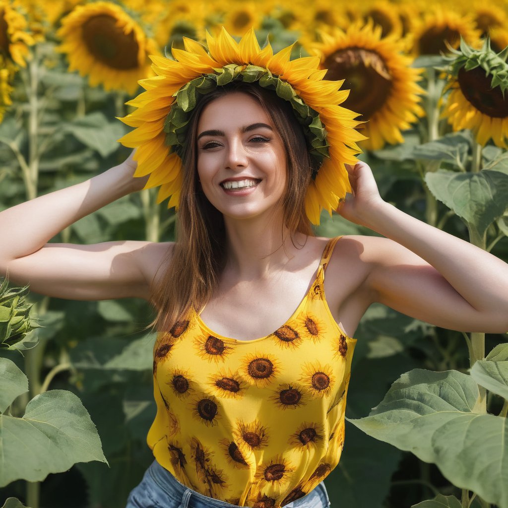 Generate hyper realistic image of a woman wearing a radiant sunflower-themed outfit, soaking up the sunshine in a field of sunflowers. Her joyful expression captures the essence of a warm summer day.