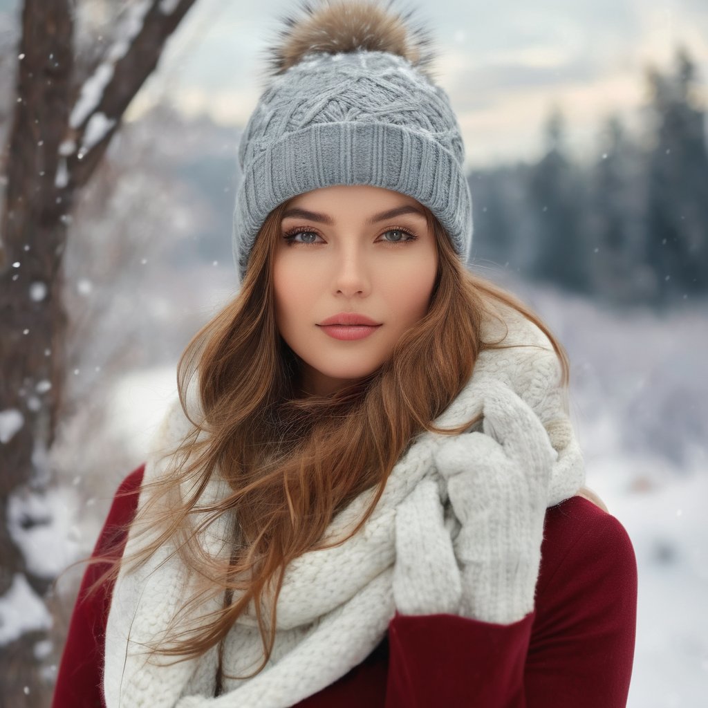 Generate hyper realistic image of a woman in elegant winter attire, surrounded by a snowy landscape. She embraces the chilly weather, perhaps with radiating beauty in the winter wonderland.